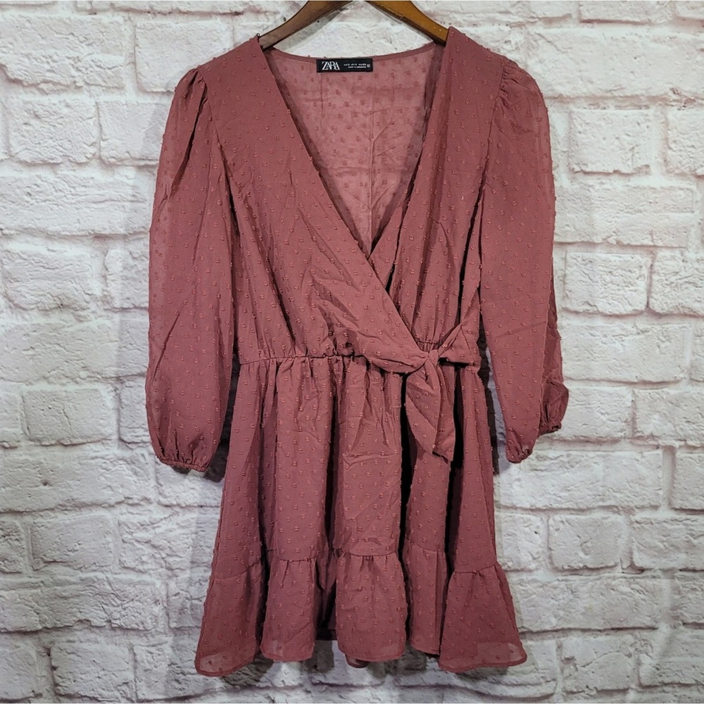 Zara Dusty Rose Chiffon Lace Ruffle Trim Long Sleeve Wrap Front Romper Dress